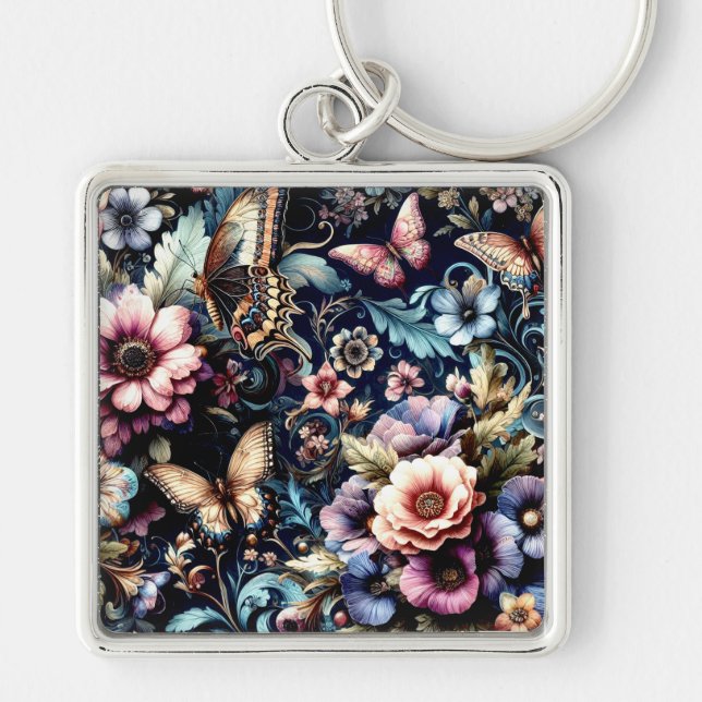 Antique Spring Flowers and Butterflies  Key Ring (Front)