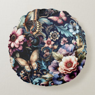 Antique Spring Flowers and Butterflies Round Cushion