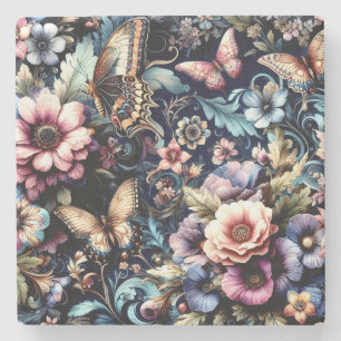 Antique Spring Flowers and Butterflies  Stone Coaster