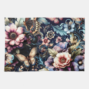 Antique Spring Flowers and Butterflies Tea Towel