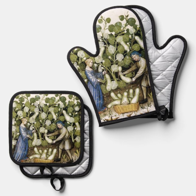 ANTIQUE SQUASH  HARVEST Mediaeval Miniature Cuttin Oven Mitt & Pot Holder Set (Front/Back)