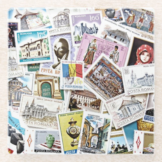 Antique Stamps Vintage Style Glass Coaster (Front)