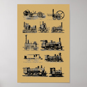Antique Steam Engine Locomotive "Steampunk" Art Poster