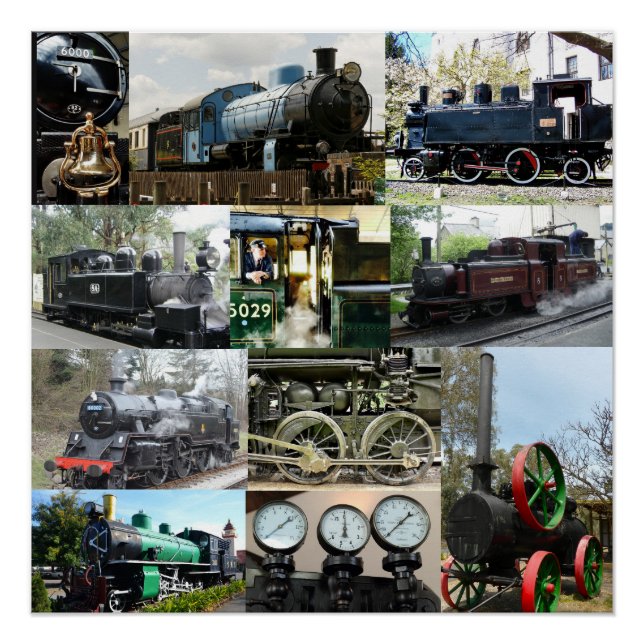 Antique Steam Engine Locomotive Train Collage Poster (Front)