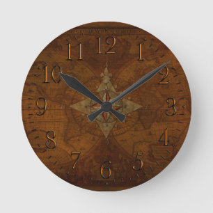Antique Steampunk Compass Rose & Old World Map Round Clock