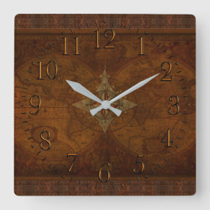 Antique Steampunk Compass Rose & Old World Map Square Wall Clock