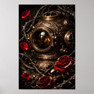 Antique Steampunk Diver Helmet Red Rose Gothic Art Poster