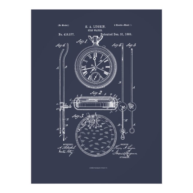 Antique Stopwatch, 1889 Patent Drawing Photo Print (Front)