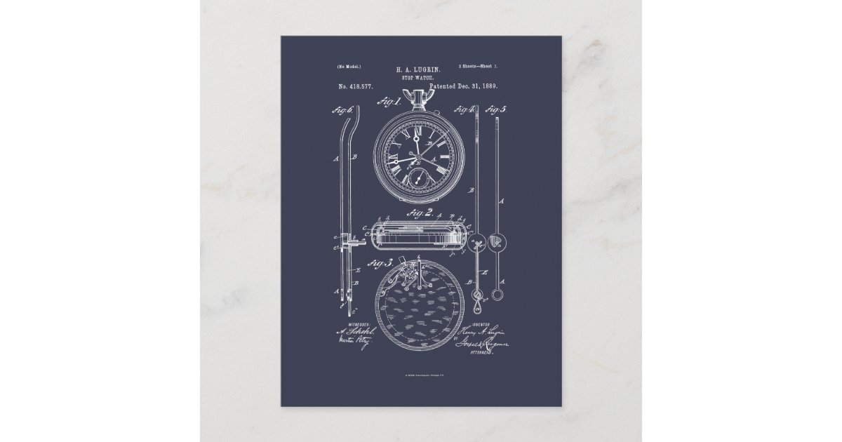 Antique Stopwatch, 1889 Patent Drawing Postcard | Zazzle