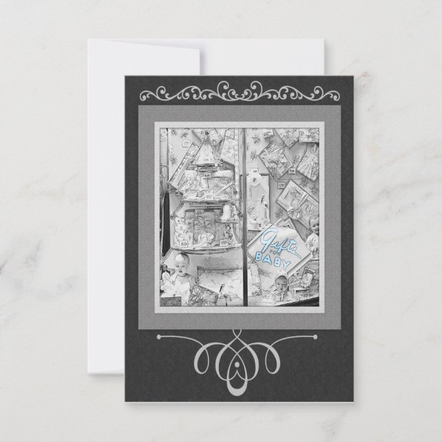 Antique Store Window Gifts for Baby Blue and Black Invitation (Front)