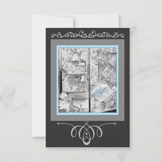 Antique Store Window Gifts for Baby Blue and Black Invitation (Front)