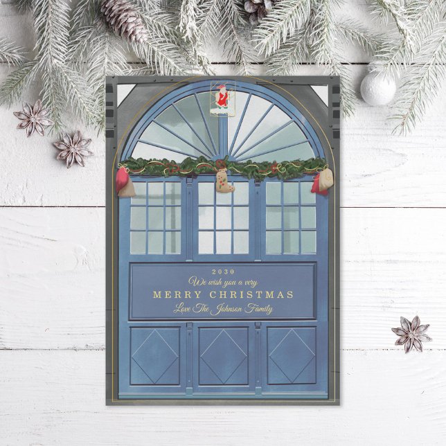 Antique Storefront Illustration Blue Holiday Card (Creator Uploaded)