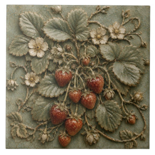 Antique Strawberry Plant Botanical Faux Relief Tile