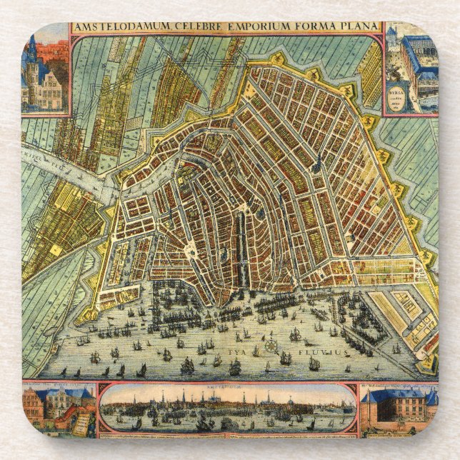 Antique Street Map of Amsterdam, Netherlands Coaster (Front)