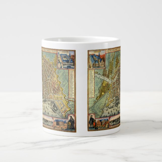 Antique Street Map of Amsterdam, Netherlands Large Coffee Mug (Front)