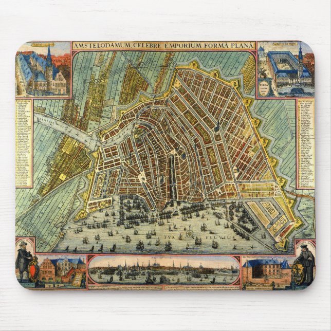 Antique Street Map of Amsterdam, Netherlands Mouse Mat (Front)