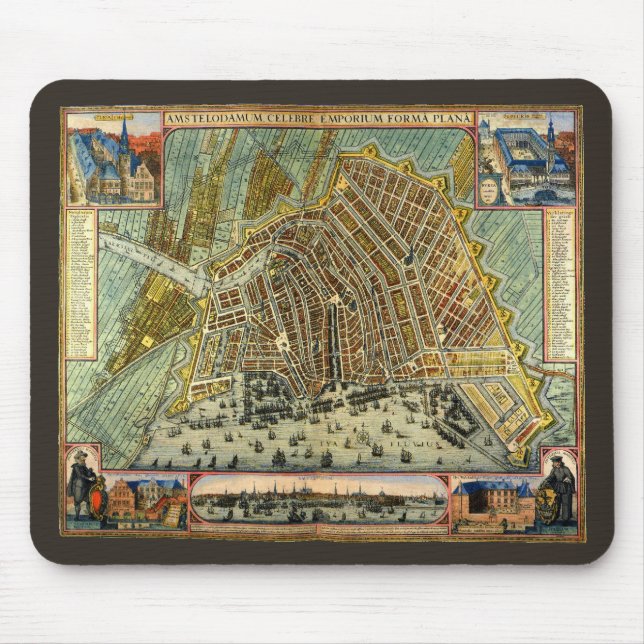 Antique Street Map of Amsterdam, Netherlands Mouse Mat (Front)