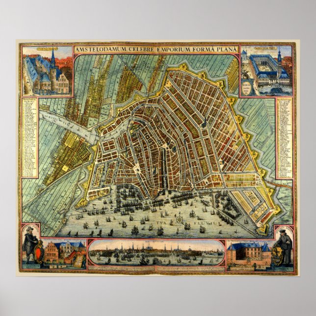 Antique Street Map of Amsterdam, Netherlands Poster (Front)
