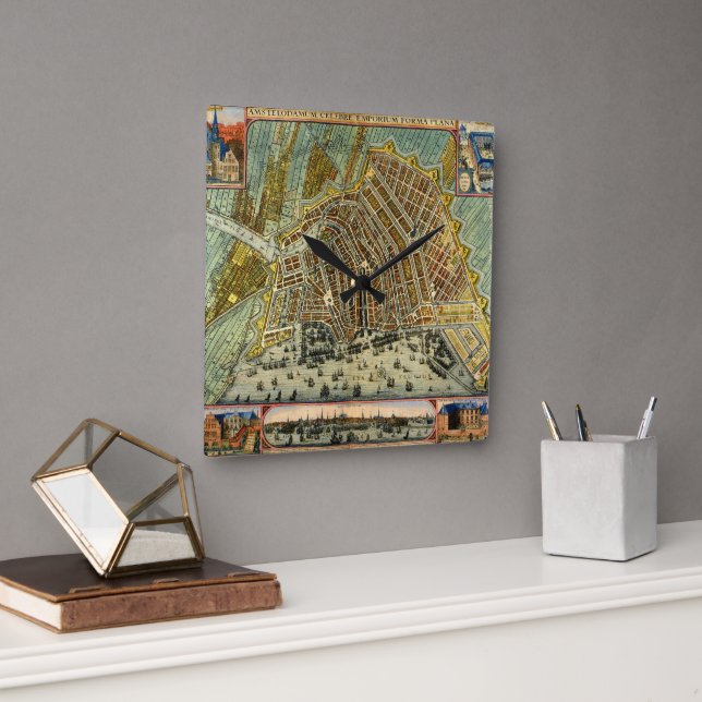 Antique Street Map of Amsterdam, Netherlands Square Wall Clock (Office)