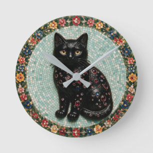 Antique Style Black Cat Mosaic Round Clock