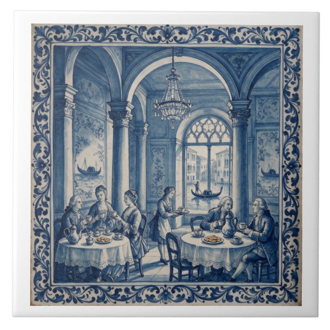 Antique Style Blue + White Venice Coffee House Tile (Front)