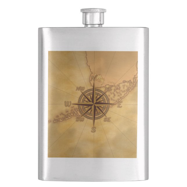 Antique Style Compass Rose Hip Flask (Front)