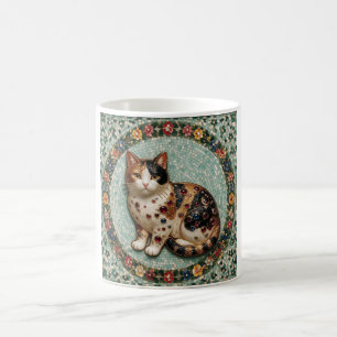 Antique Style Fine Calico Cat Floral Mosaic Coffee Mug