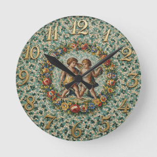 Antique Style Floral Mosaic Zodiac Gemini Round Clock