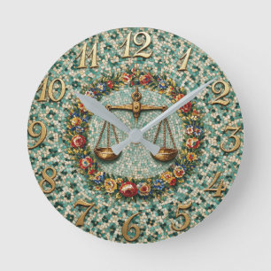 Antique Style Floral Mosaic Zodiac Libra Round Clock