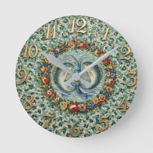 Antique Style Floral Mosaic Zodiac Pisces Round Clock
