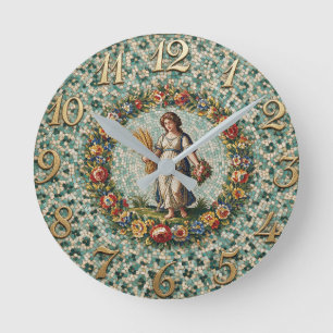 Antique Style Floral Mosaic Zodiac Virgo Round Clock