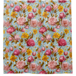 Antique Style Floral Print Shower Curtain
