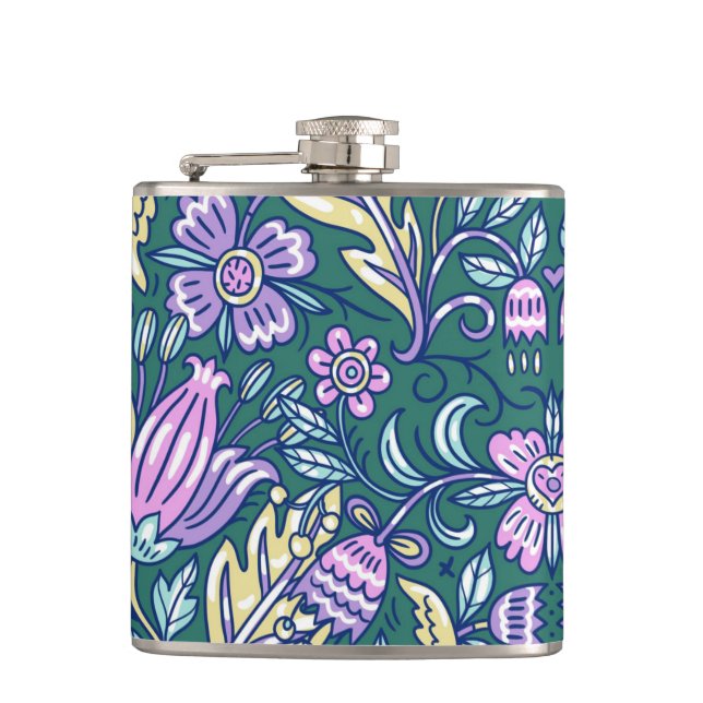 Antique Style Flowers and Birds Pattern Hip Flask (Front)