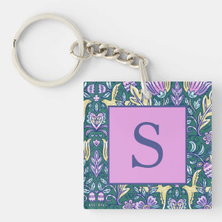 Antique Style Flowers and Birds Pattern Monogram Key Ring