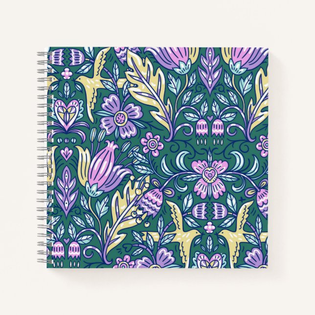 Antique Style Flowers and Birds Pattern Notebook (Front)