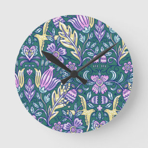 Antique Style Flowers and Birds Pattern Round Clock