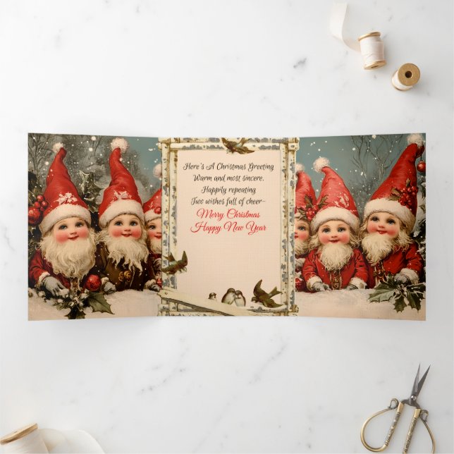 Antique-Style Merry Christmas Gnomes Tri-Fold Holiday Card (Inside)