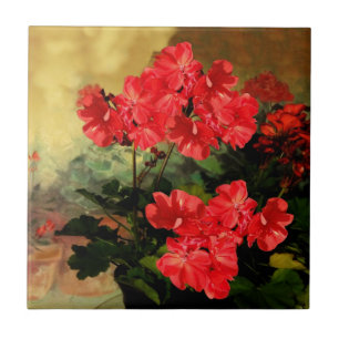 Antique Style Red Geranium Flowers Gifts Tile