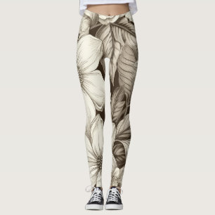 Antique-Style Sepia Floral with Fine Linework Leggings