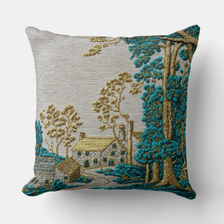 Antique Style Teal + Gold Colour Rural Cushion