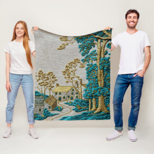 Antique Style Teal + Gold Colour Rural Fleece Blanket