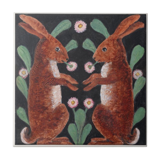 Antique Style Woodland Hare Spring Flower Decor Tile (Front)