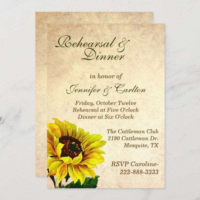 Antique Sunflowers Wedding Rehearsal Invitation (Front/Back)