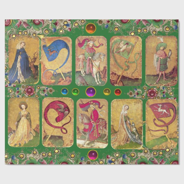 Antique Tarots,German Court Cards,Flags in Green Wrapping Paper (Flat)