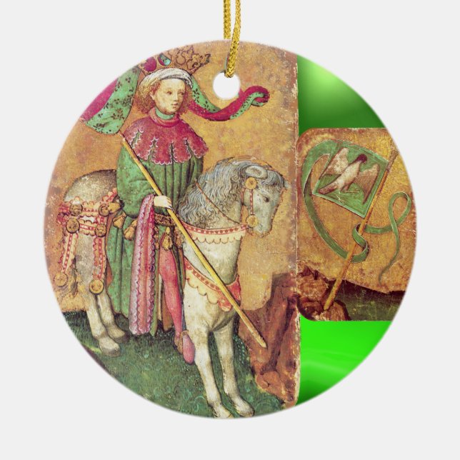 Antique Tarots /German Court Cards/King of Falcons Ceramic Tree Decoration (Front)