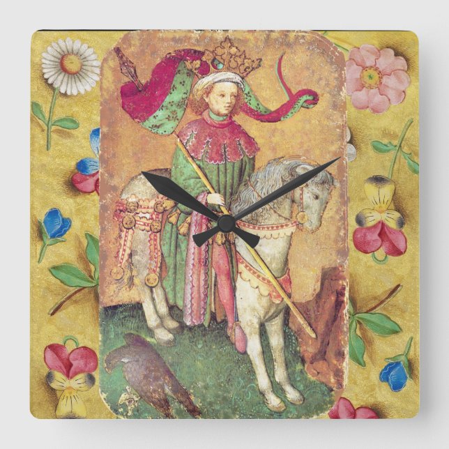 Antique Tarots /German Court Cards/King of Falcons Square Wall Clock (Front)
