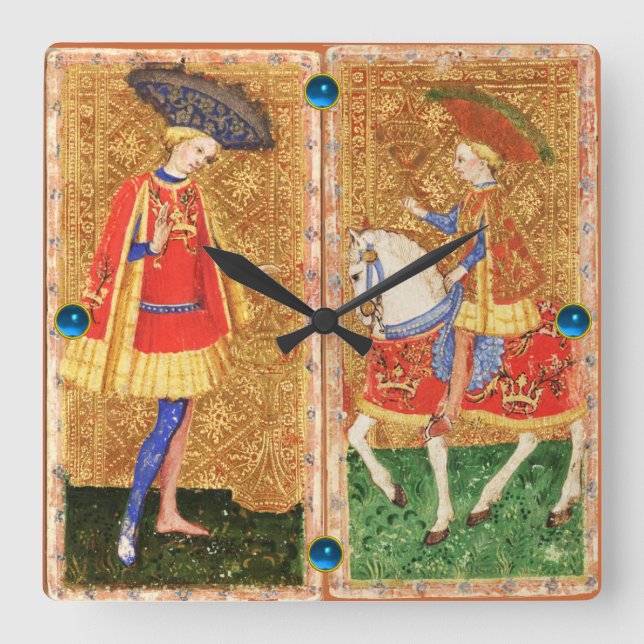 ANTIQUE TAROTS/  PAGE AND KNIGHT OF CUPS SQUARE WALL CLOCK (Front)