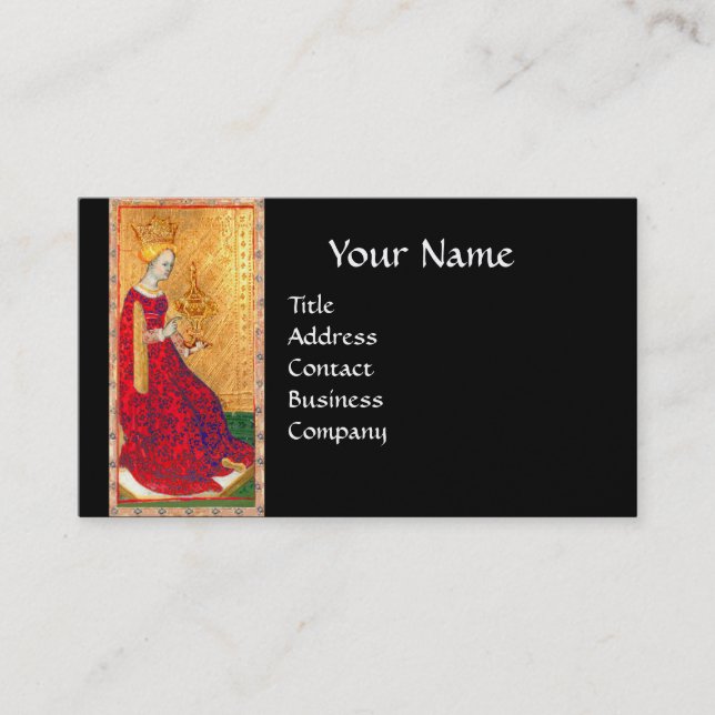 ANTIQUE TAROTS QUEEN OF CUPS BLACK PEARL MONOGRAM BUSINESS CARD (Front)