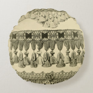 Antique tassel lace tribal pattern cream black round cushion