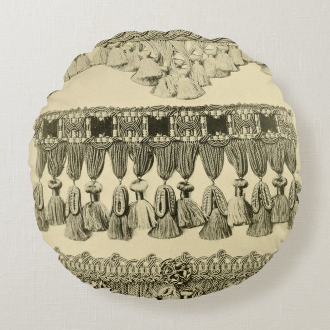 Antique tassel lace tribal pattern cream black round cushion (Front)